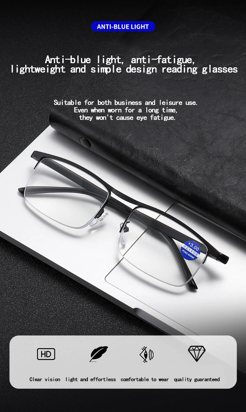 Progressive Multifokal-Lesebrillen für Damen und Herren, mit Blaulichtfilter, halbem Rahmen, bifokale Brille für Altersweitsichtigkeit, Stärken von +100 bis +400. – Detail 3