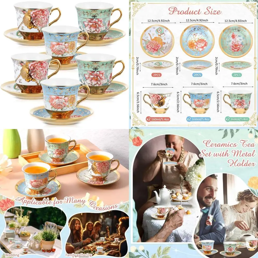 

Набор из 6 чайных чашек и блюдец, украшения для чайной вечеринки, цветочный фарфор, 5,4 унции, британский подарок для женщин, день рождения, церковь и м