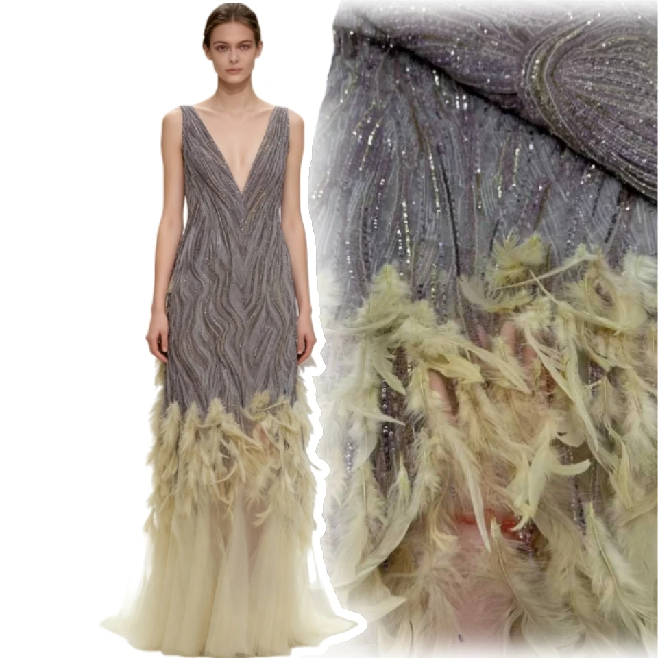 

2025 High Quality African Lace Fabric Sequins Mesh Lace Luxury 3D Feather Embroidered Tulle Lace Fabric for Asoebi Sewing CC1805