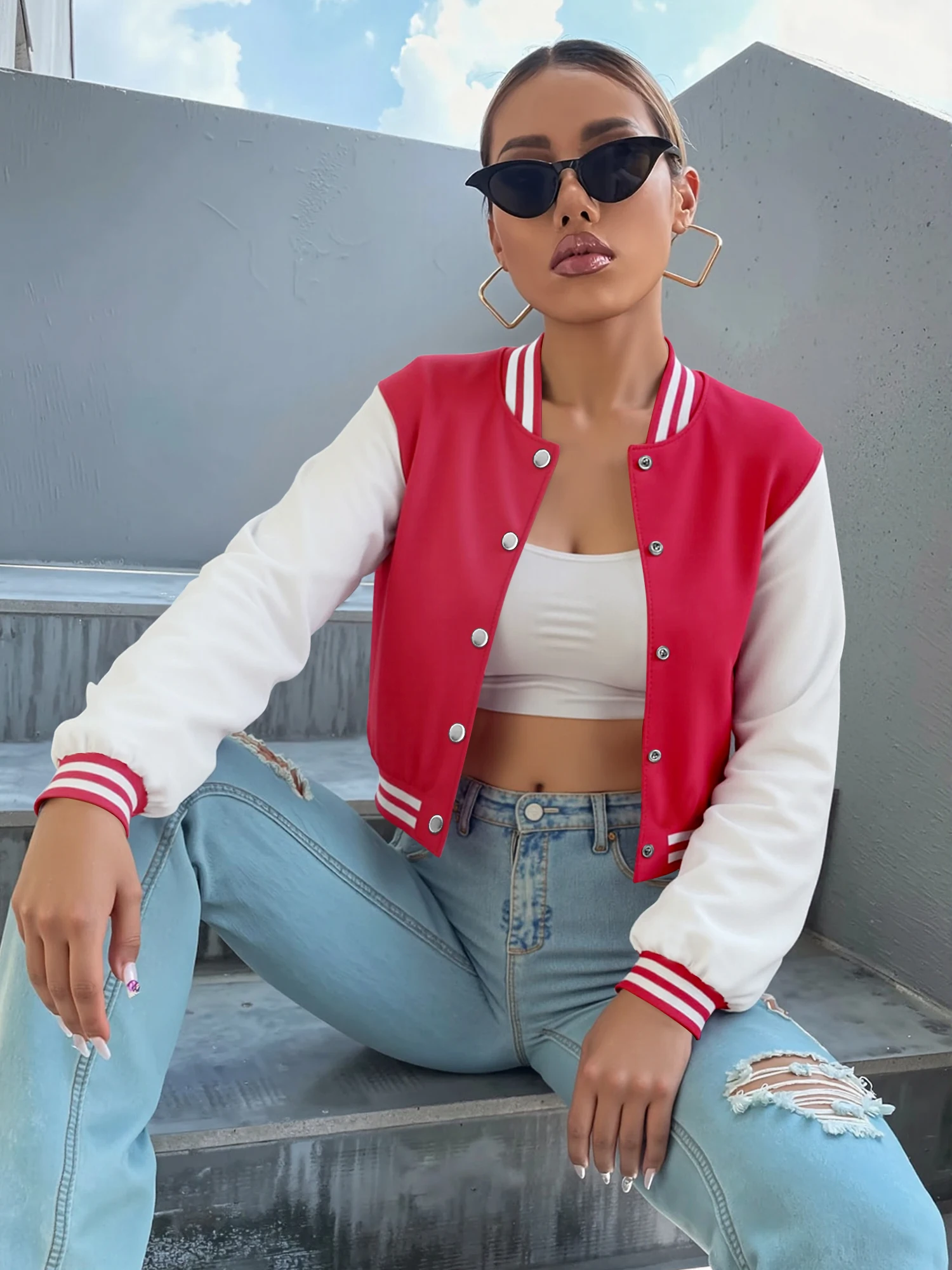 College Women Short Baseball Jacket Contrast Sleeve Stand Collar Striped Rib Edge Button Casual Crop Outerwear For Girls