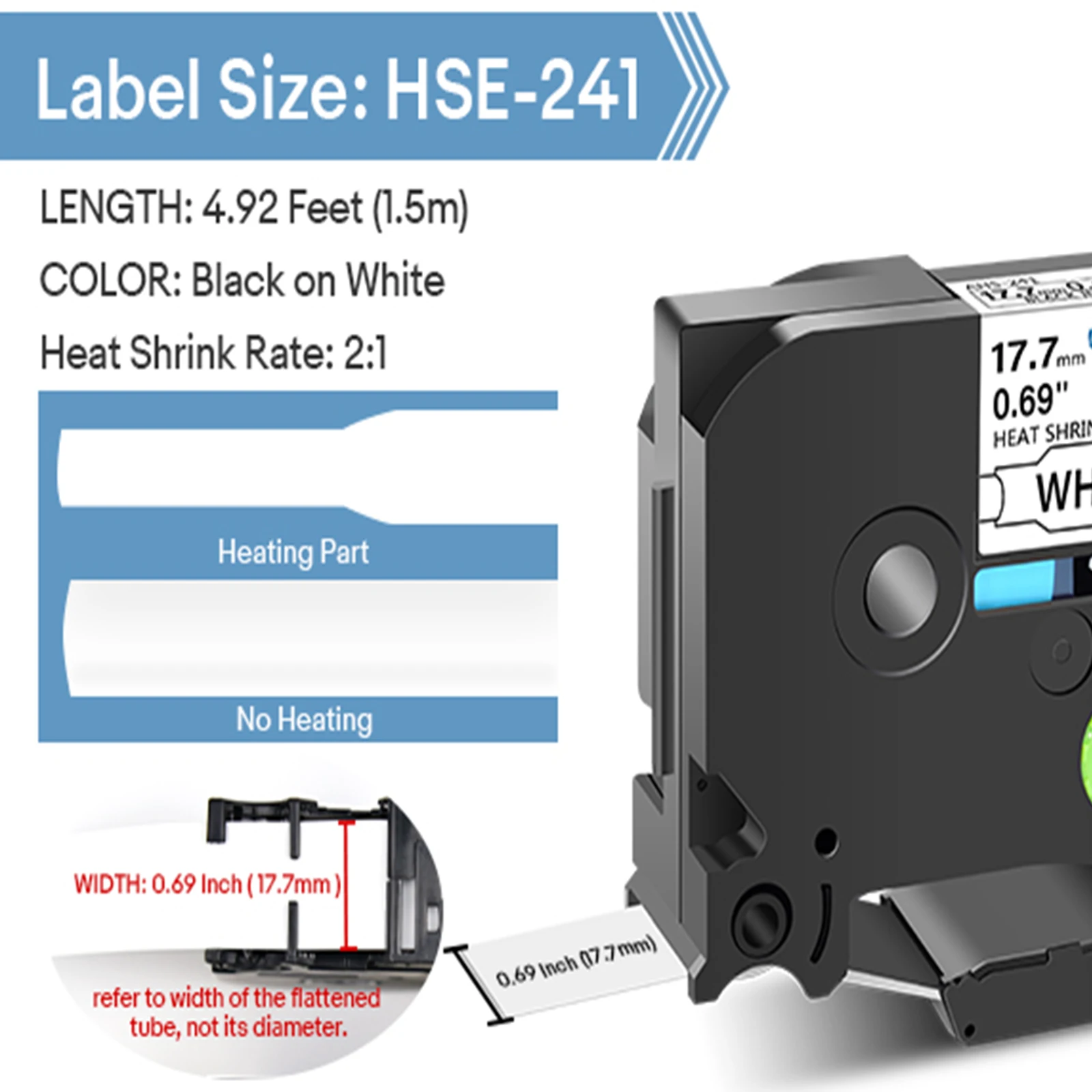 5PK Heat Shrink Tubes Compatible Brother 17.7mm Hse-241 Label Tape Black on White Cartridge Cassette For P-Touch Label Printers