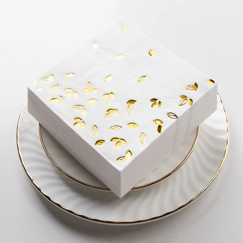 80 PK serviettes dorées-3 plis serviettes de Cocktail pliées 5x5 pouces serviettes de Bar serviettes de fête jetables serviettes en papier dîner