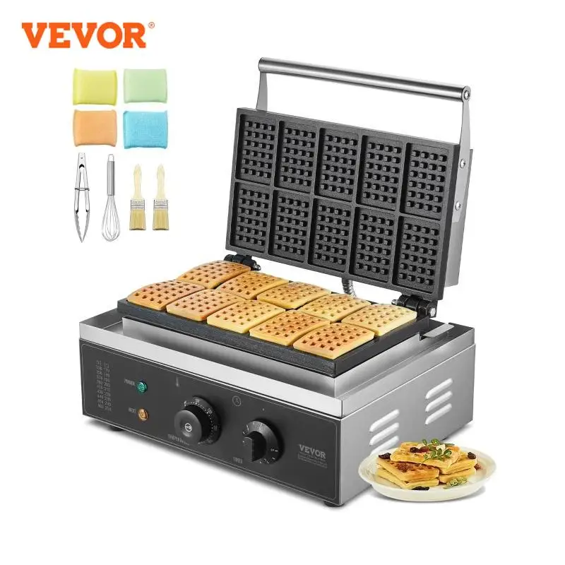 VEVOR Commercial Waffle Maker 10PCS Rectangle Waffle Baker Machine 1550W Non-Stick Stainless Steel Belgian Waffle Iron with Temp