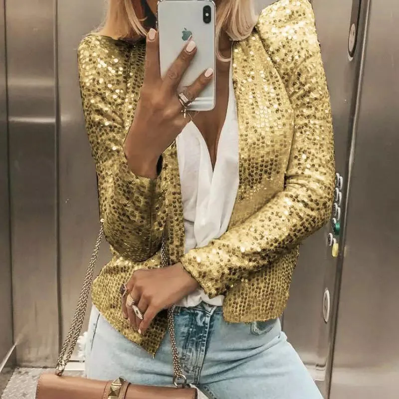 Women Party Blazer Sequin Decoration Crew Neck Long Sleeves Lady Jacket Slim Fit Dress Up Open Front Sequin Coat For Female