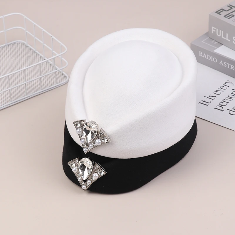 Vintage Rhinestone Hard Top Flat Fedoras Hats French Cashmere Wool Hat Casual Flight Attendant Hat Party Dress Pillbox Hat