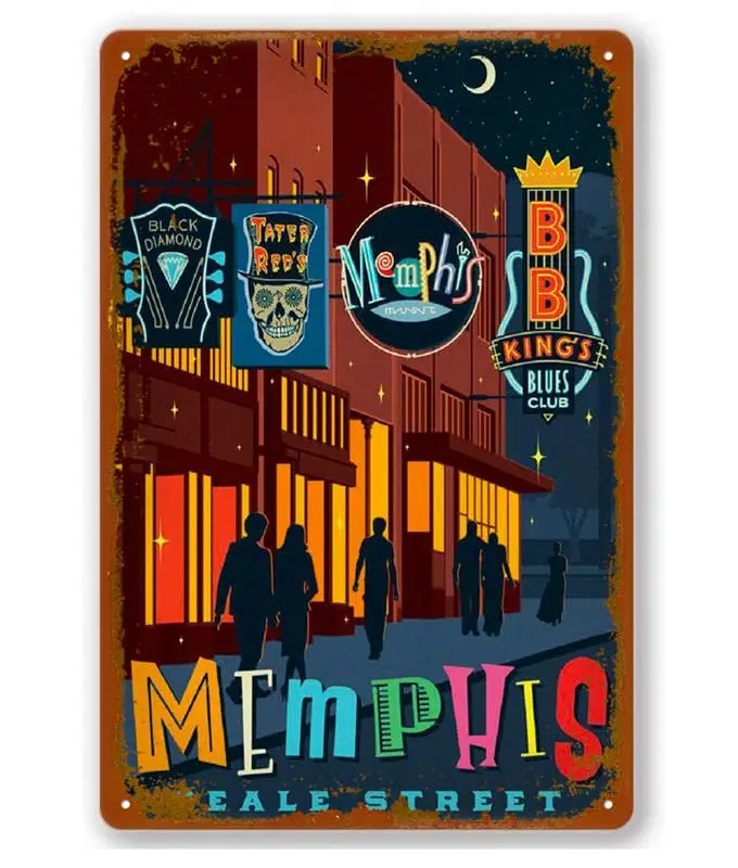 Beale Street Neon Retro Color Print Tennessee State Poster Vintage Metal Aluminium Sign Sign-Home Decor Garage Man Cave Wall Art