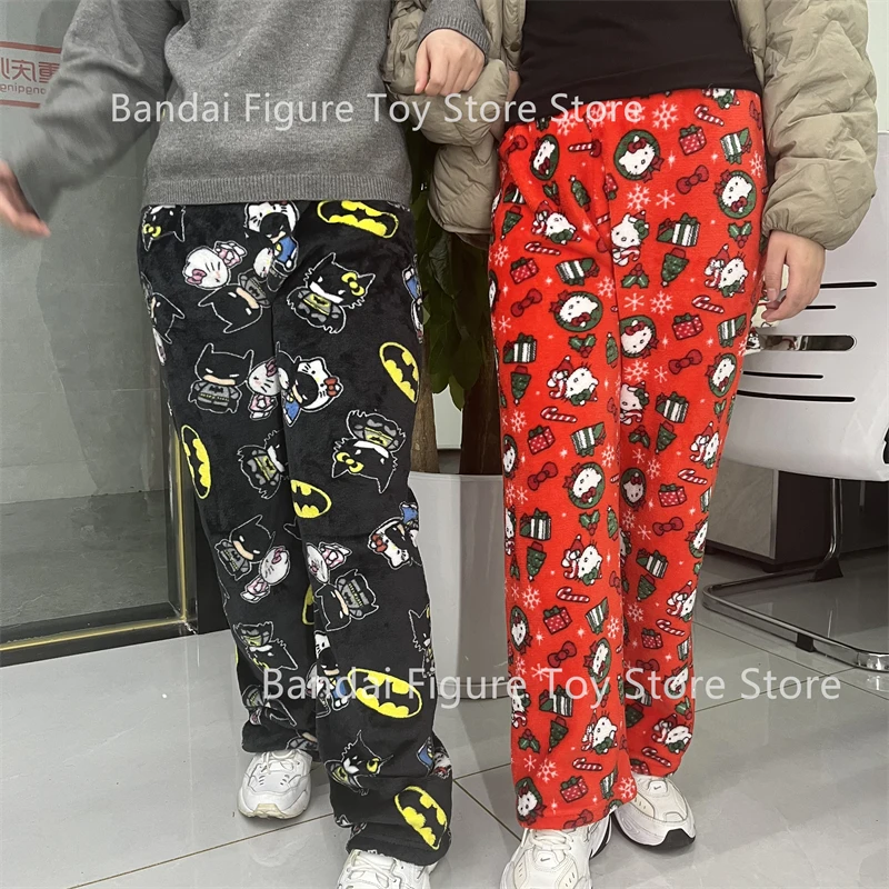 Sanrio calças de outono hellokitty periférico batman pijama bonito senhoras quente casual pelúcia natal flanela calças roupas y2k presente