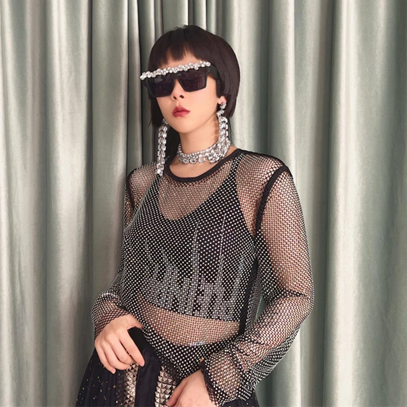 2025 New Arrival Thin Sexy Women Clothing Crop Top Fashion Fishnet Diamonds Tops Glitter Sparky High Street Evening Club Party