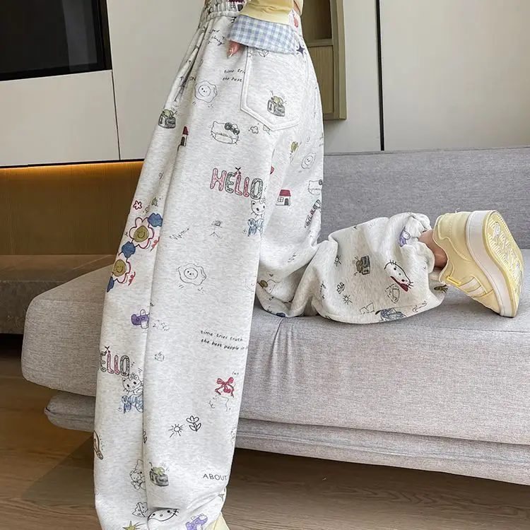 

cat print wide-leg pants women's autumn and winter fleece tied feet high waist loose small slim straight casual sweatpants