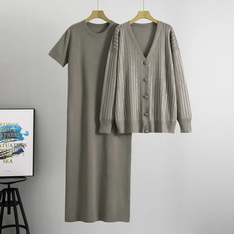 Femmes tricot 2 pièces ensemble Cardigan ensemble pull musulman à manches courtes robe longue ensemble tricots costume modeste automne hiver tenues