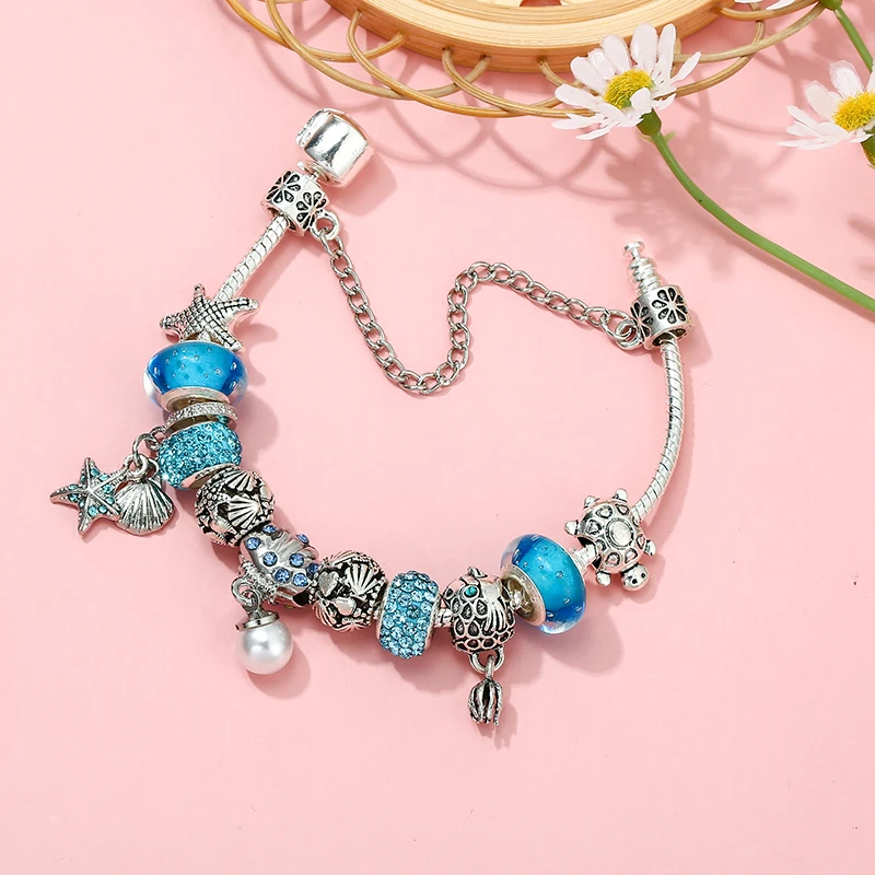 Braccialetti con ciondolo a forma di pesce conchiglia stile estivo con bracciale con perline di tartaruga Color argento per donna uomo ragazza