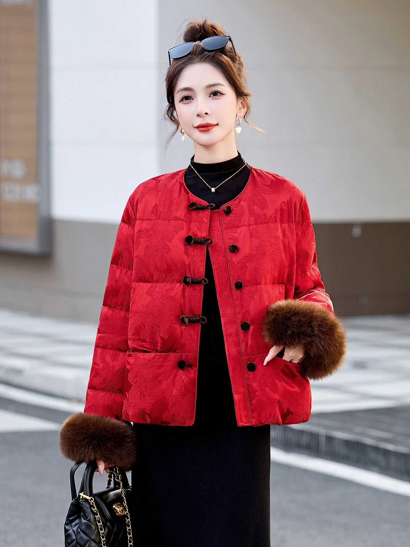 Vermelho chinês sle ort down jaet feminino inverno high end tendência nacional colarinho botão pele sve outerwear