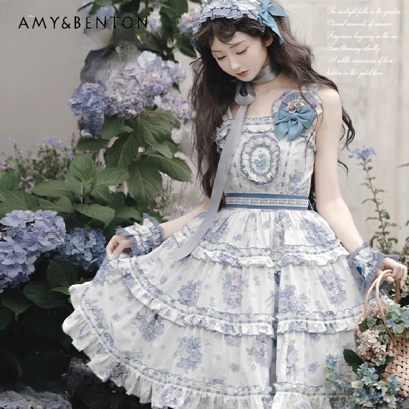 

2025 New Japanese Summer Suspender Tube Top Flower Print Waist Thin Lace Edge Dress For Women