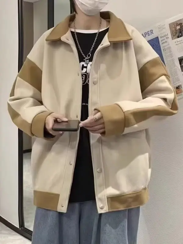 

Winter Thiened Loose Men's Woolen Jaet Coat Color Blo Sle Hong Kong Sle INS Trendy Coat Warm Long Sve Button Clo...