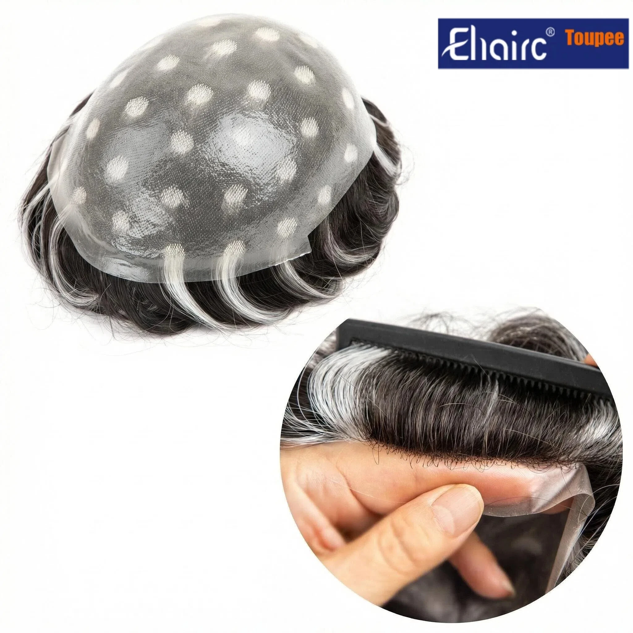 Toupee Men 100% Human Hair Black With White Highlights Ultra-thin PU Base Hair System Invisible Natural Hairline  Mens Wig