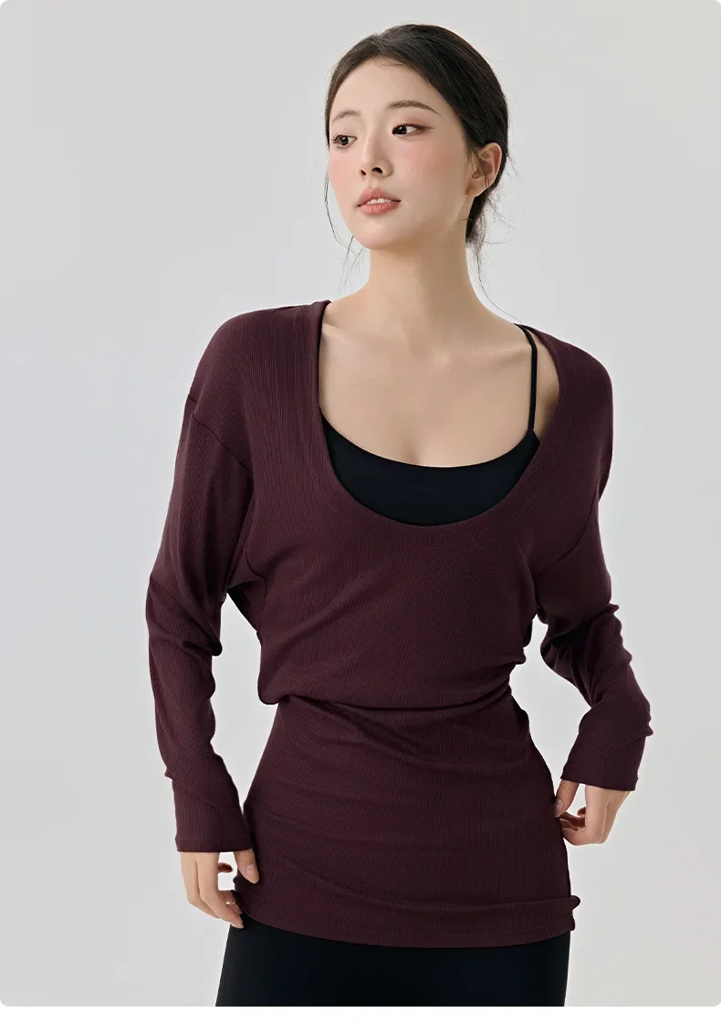 Lockere Fitness-Bluse mit großem U-Ausschnitt, sexy Trainingsjacke, langer Stil, der das Gesäß und unangenehme Linien bedeckt, weich für Frauen. – Detail 13