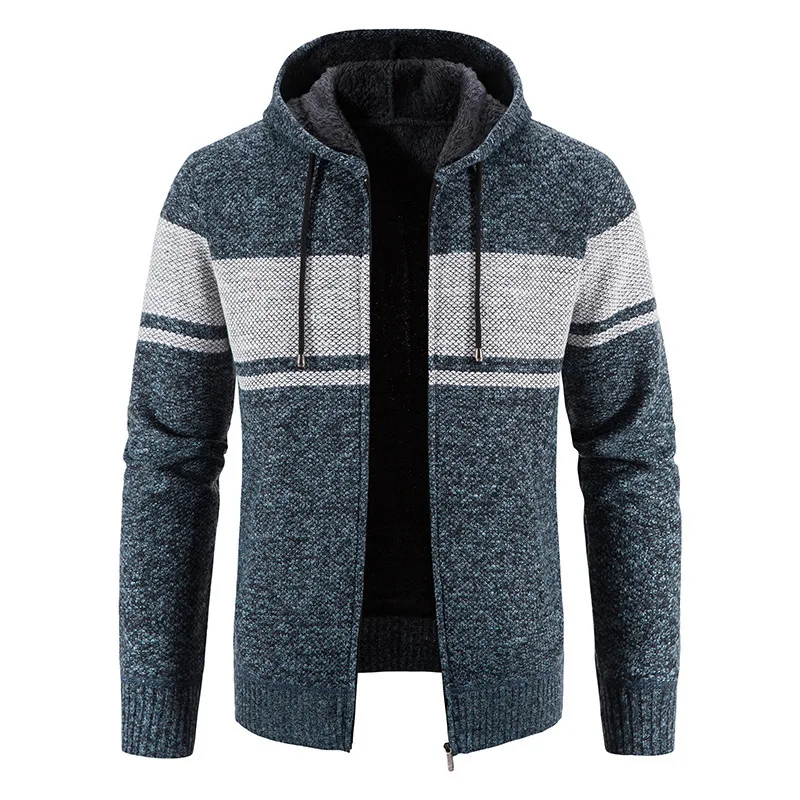 

New Autumn and Winter Men's Hooded Velvet Thickened Sweater Knitted Cardigan Color-blocked Zipper Casual Jacket