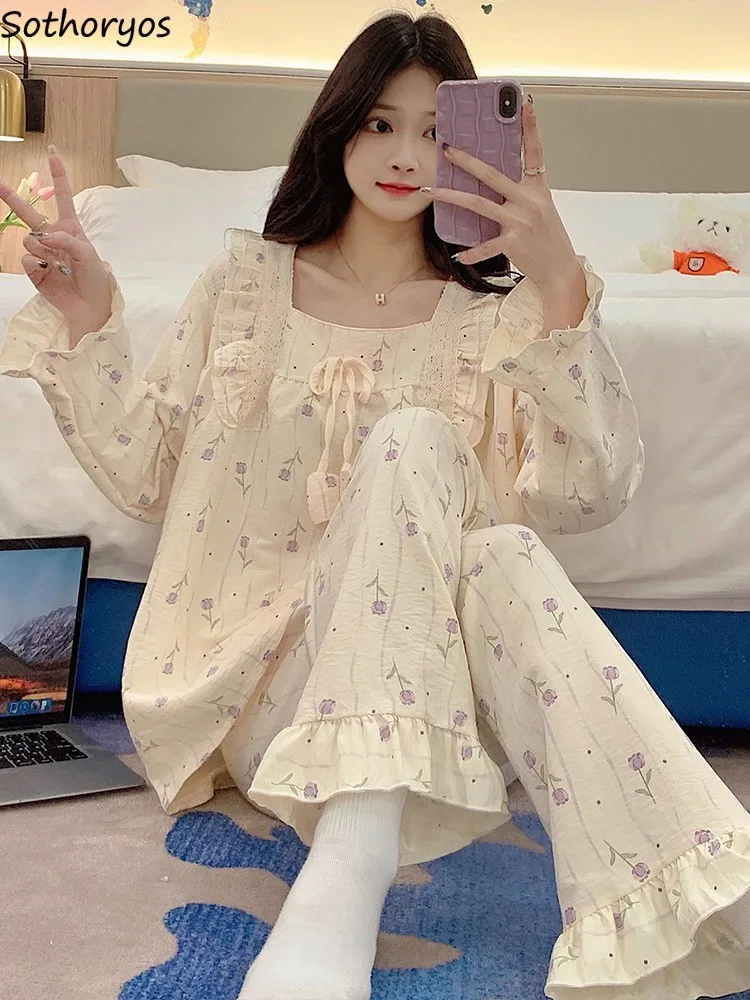 Square Collar Pajama Sets Women Ins Cute Homewear Spring Autumn Floral Sweet Sleepwear Ruffles Design Bow Slouchy Trendy Pyjamas