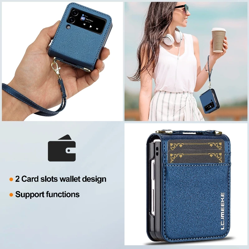 Retro Leather Folding Phone Cover For Samsung Galaxy Z Flip4/Z Flip 3 With Long Short Lanyard