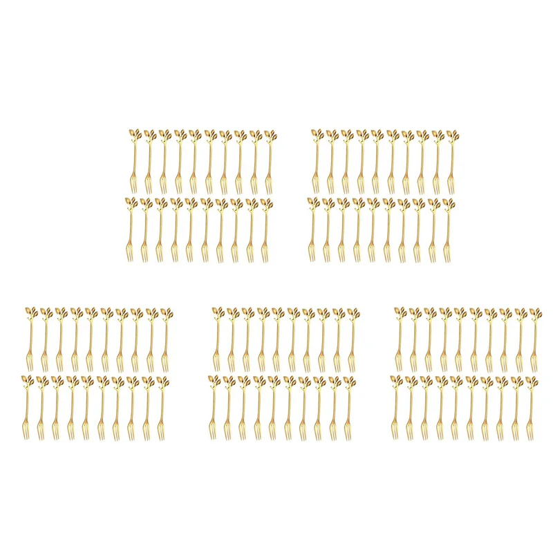 

100Pcs Stainless Steel Flatware Fruit Fork Dinnerware Appetizer Snack Dessert Fork Kitchen Tableware Leaf Shape