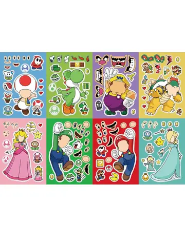 8/16 Sheets Anime Cartoon Super Mario Bros Puzzle Stickers Game Kawaii Make A Face Stickers Cute DIY Funny Sticker Toy Kids Gift