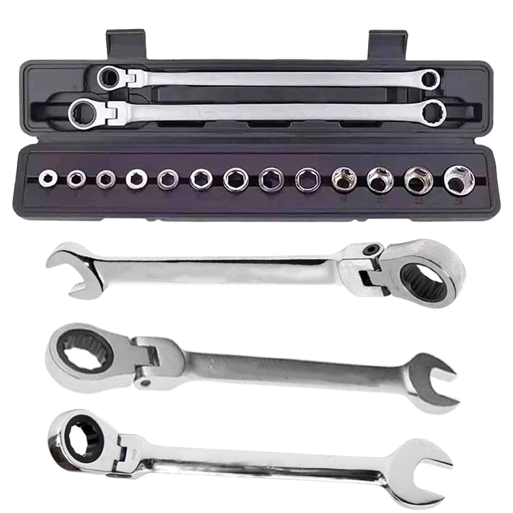 

15Pcs Hex Head Wrench Adjustable Ratchet Wrench Kit Chrome Vanadium Steel Ratcheting Spanner Set Car Repair Hand Tools