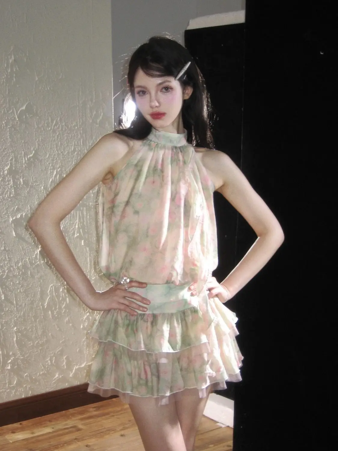 Francês retro elegante design floral sem mangas halter pescoço chiffon colete bolo saia em camadas conjunto de 2 peças