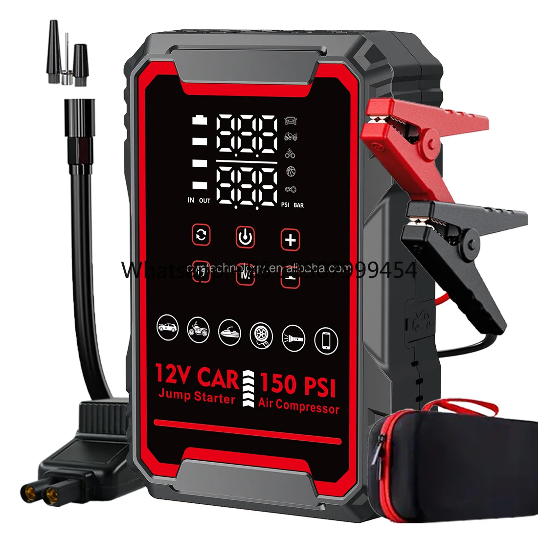 

Portable 4-in-1 Jump Starter & Air Compressor 12V Lithium Battery Booster Pack 2000A Peak Current 22200mWh Capacity
