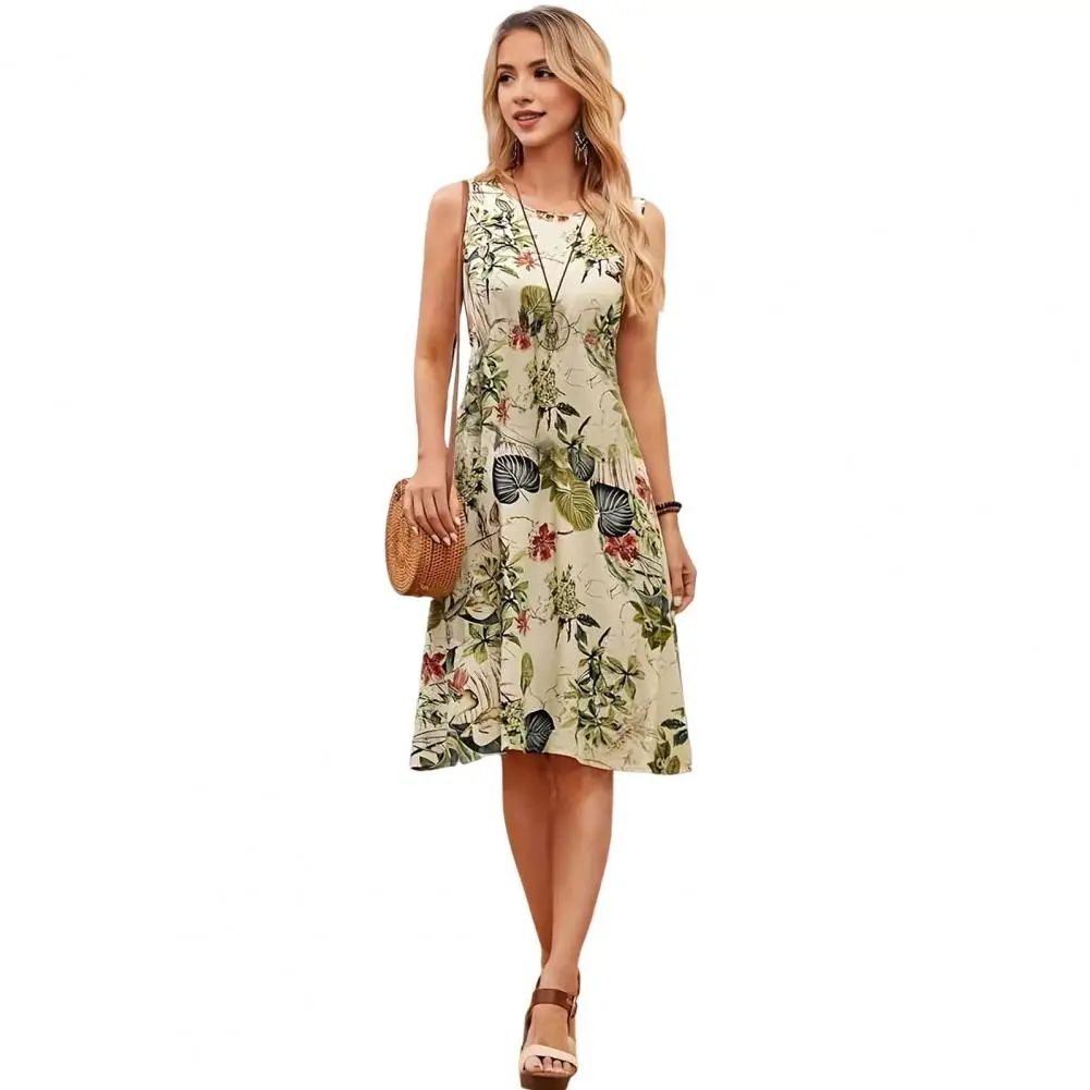 

Loose Women Midi Dress for Summer O Neck A-line Knee Length Sundress Floral Printed