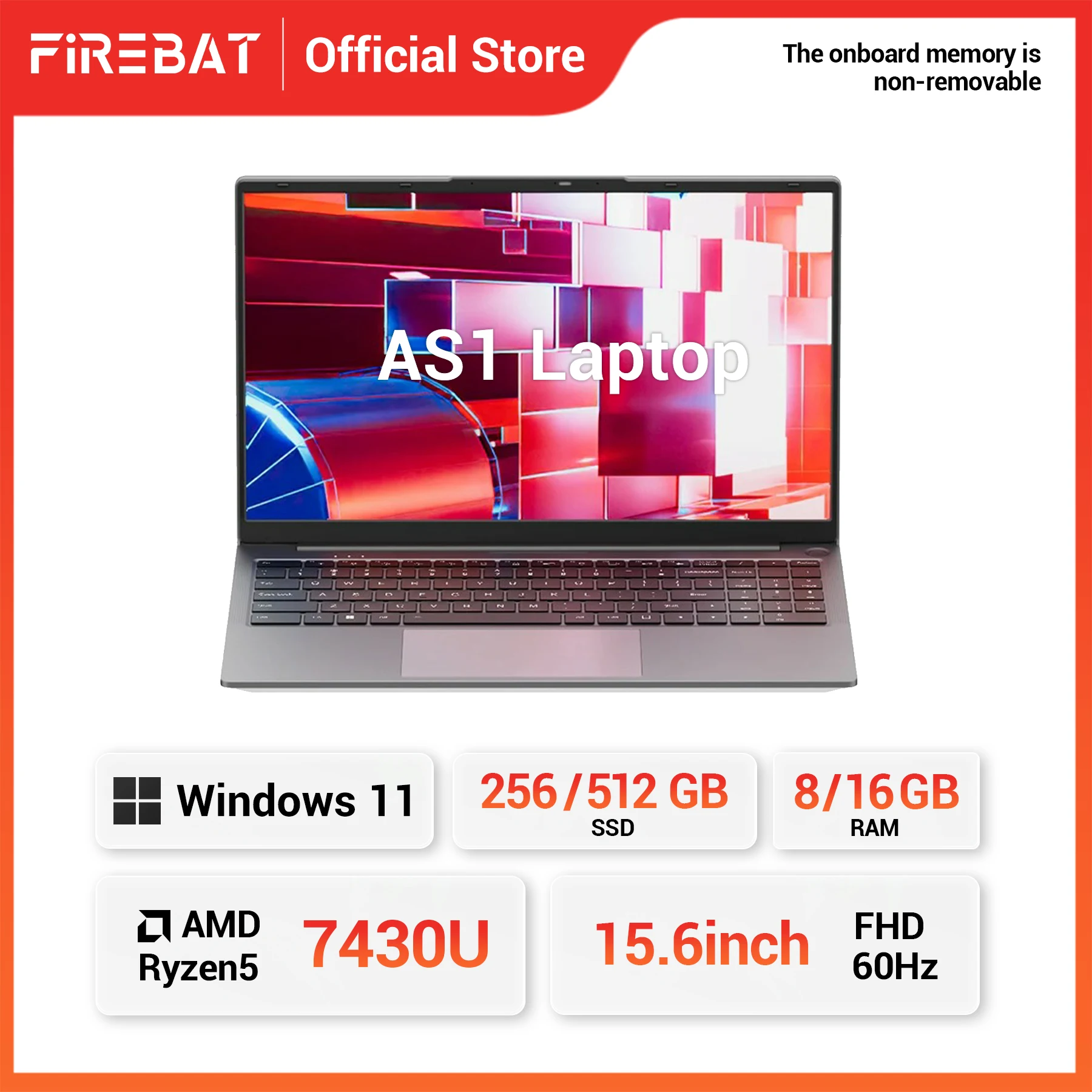 FIREBAT AS1 Laptop AMD Ryzen5 7430U DDR4 16GB RAM 512GB SSD English Keyboard 15.6inch FHD 60Hz WiFi6 BT5.2 Windows 11 Computer