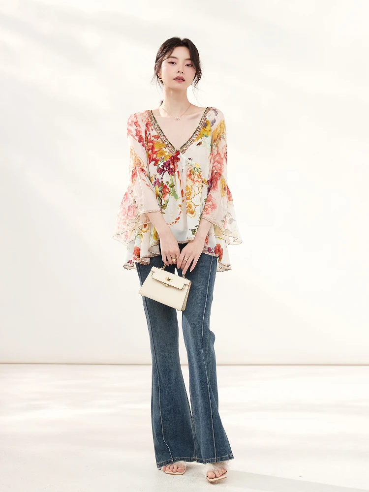 

Ele Silk Printed irt Women's Faion Spring Summer New Sle Vintage Unique Beautiful Silk Loose Fit Breathable