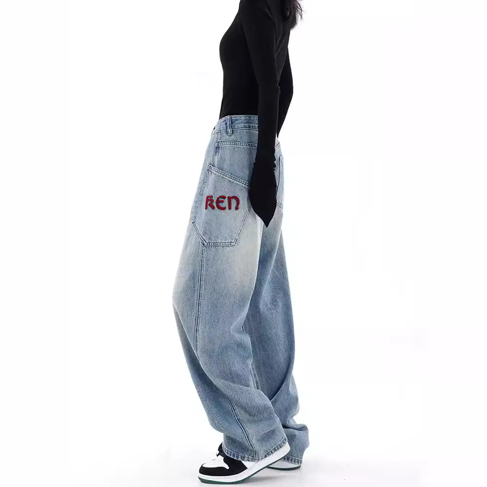 

Women Jeans Denims Wide Leg Pants 2025 Streetwear Floor Length Vintage Embroidery High Waist Pockets Washed Distressed Trousers