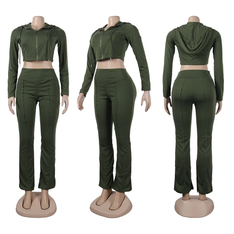 Sporty Fitness Tracksuit Women Two Piece Set 2024 Autumn Winter Long Sleeve Cropped Jacket Top and Flare Pants Matching Sets