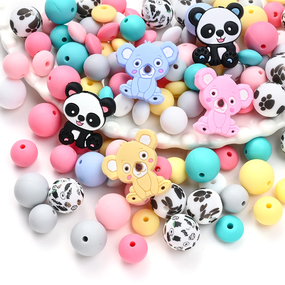 Food Grade for Newborn DIY Pacifier Chain Accessories Silicone Baby Teething Bead Koala Panda Print Solid Color Silicone Beads