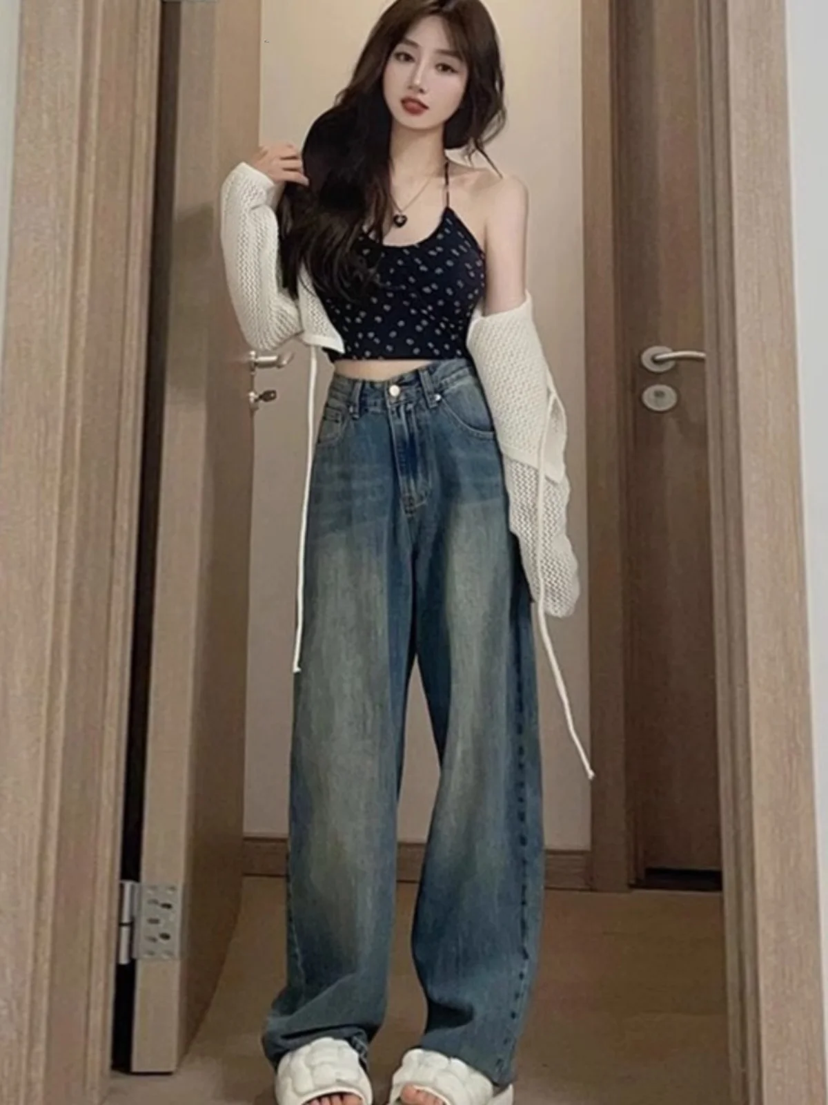 

American High Street Straight Leg Denim Jeans Women's Spring Autumn New Retro plus Size Loose High Waist Wide Leg Pants