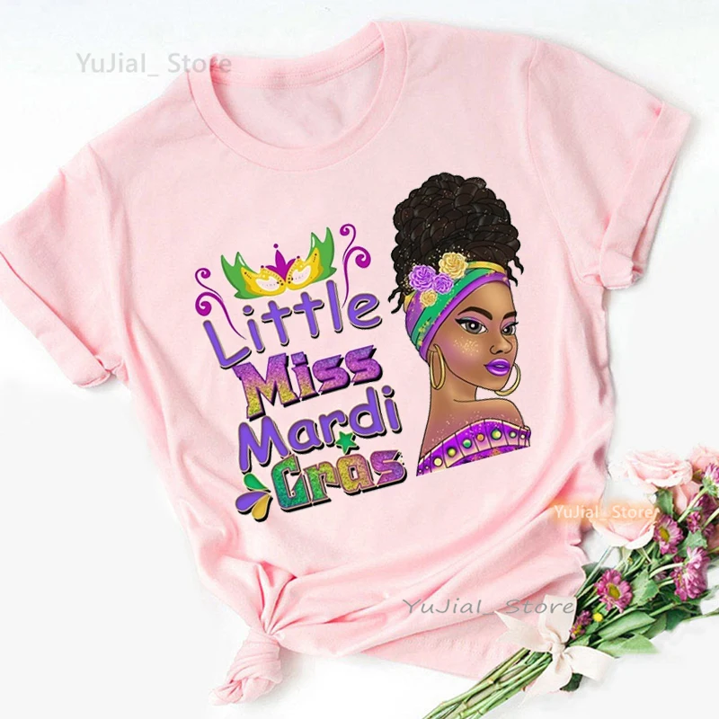 Cute Little Miss Mardi Gras Black Woman Print Pink T Shirt Girls Summer Fashion Short Sleeve Tshirt Female Love Leopard T-Shirt