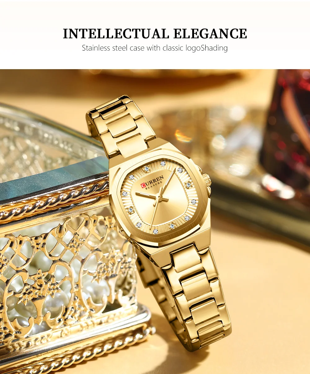 CURREN Gold Damenuhr mit Diamantakzenten, stilvollem Edelstahlband, elegantes Design, wird mit kostenloser Box geliefert – Detail 3