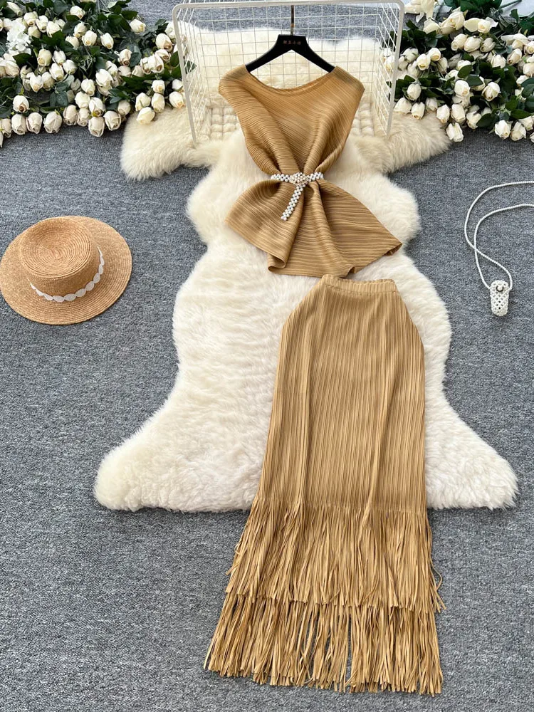 Ropa de verano a la moda para mujer, diseño asimétrico con cinturón, sin mangas, Top pado, falda con borlas, conjunto de p...