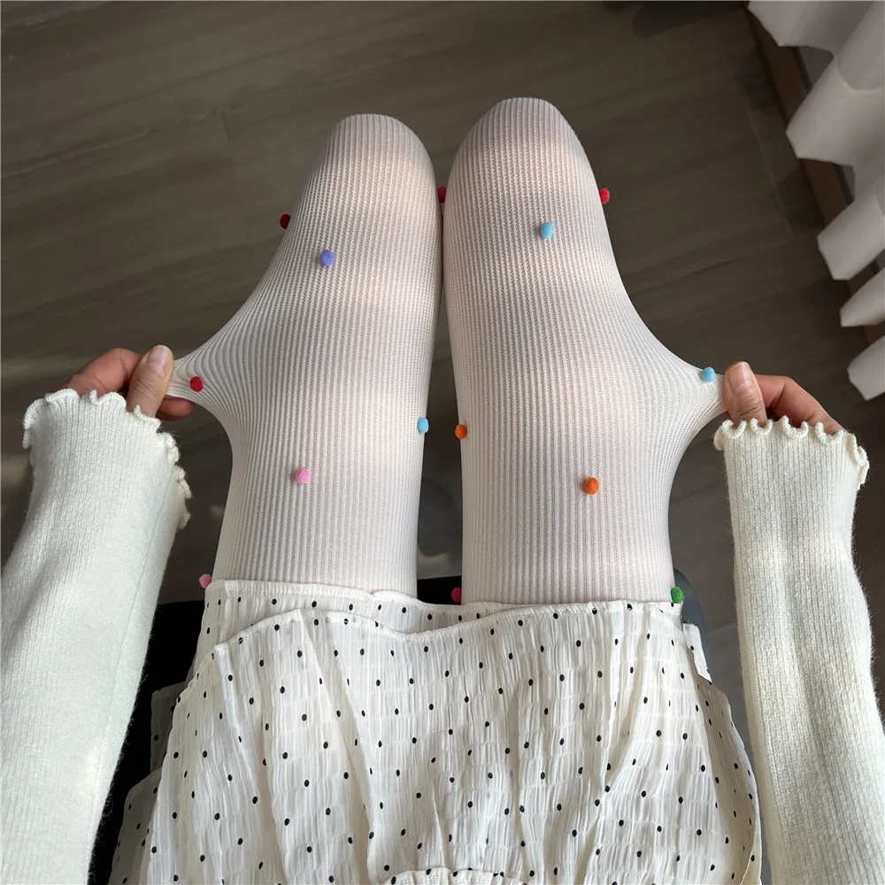 Cute Colorful Fur Ball Dot Embellished Ladies' Pantyhose Playful Vertical Stripes Lolita Hottie Fashion Show Slimming Tights