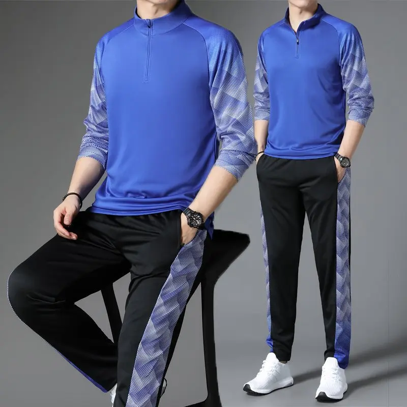 

Spring New Sle Long Sve Ice Silk Casual Outdoor Men's Fitn Elastic Sports Suit Qui Dry High Waist Straight Leg Pants