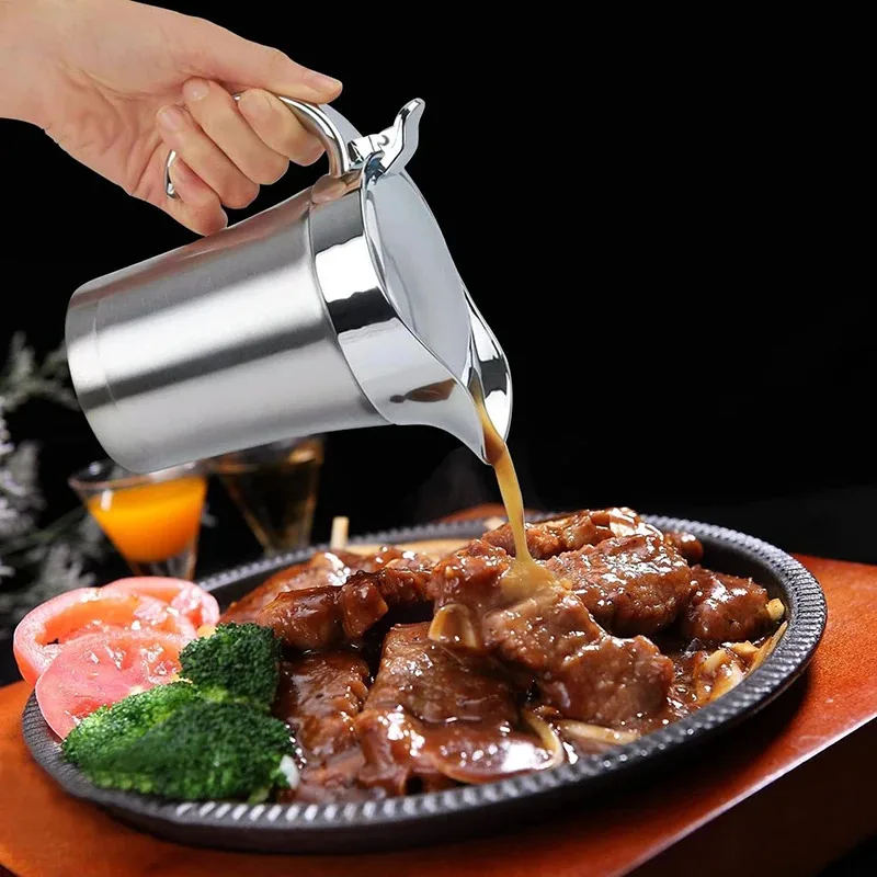 

450/750ml Stainless Steel Gravy Boat with Lid, Double Wall Insulated Thermal Jug, Kitchen Sauce Seasoning Storage Container