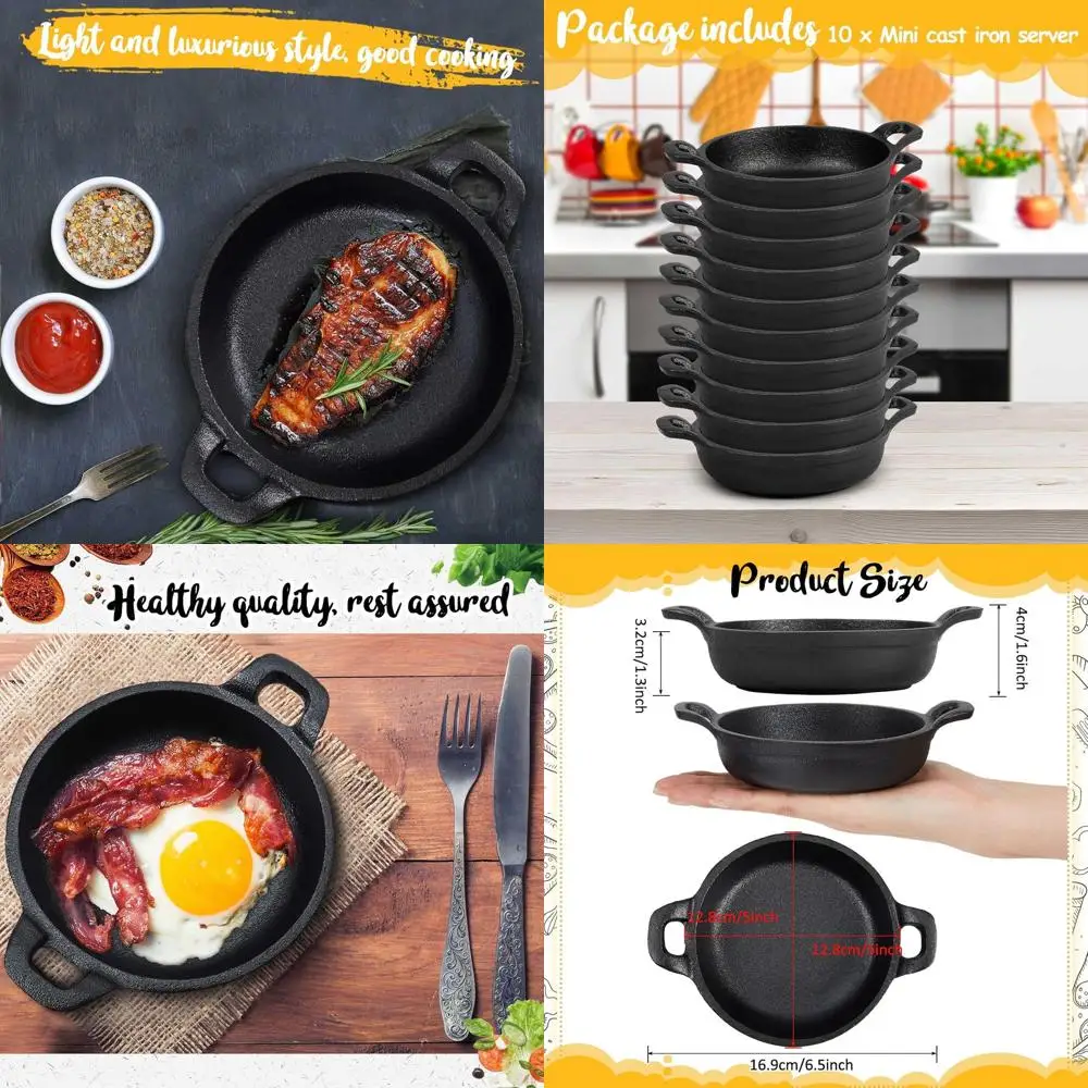 

Set of 10 Mini Cast Iron Skillets, 5 x 5 x 1.3, Black Ramekins, Oven-Safe, Ideal for Kitchen and Outdoor Cooking