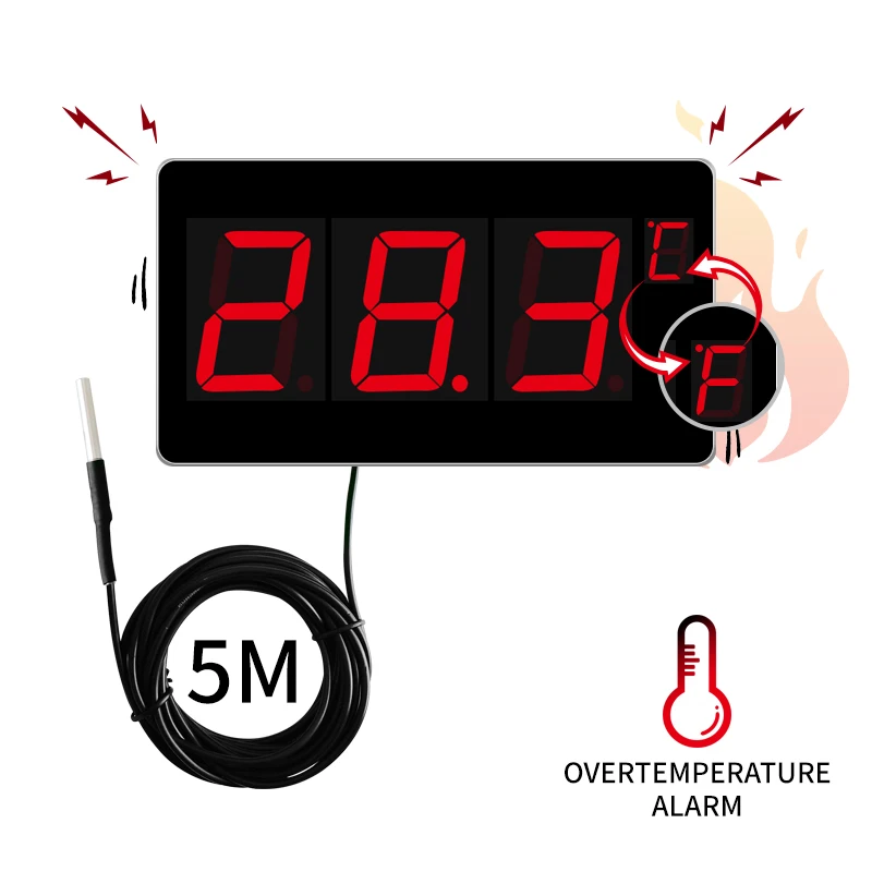 Digital Wall Thermometer Outdoor With Temperature Sensor C/F Switch For Sauna And Swimming Pool