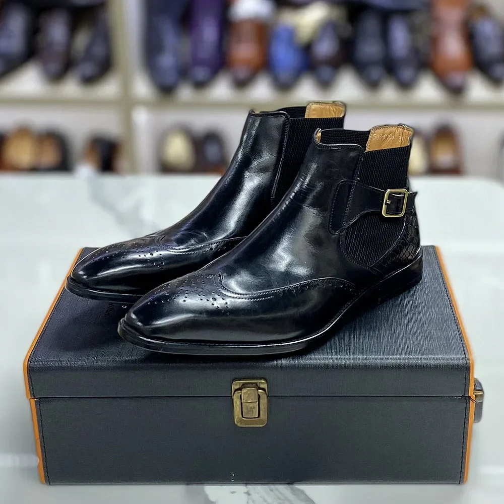 

Men's Genuine Leather Burnished Handmade Brogue Chelsea Boots Metal Buckle Crocodile Pattern Pointed Toe Formal Fall Winter
