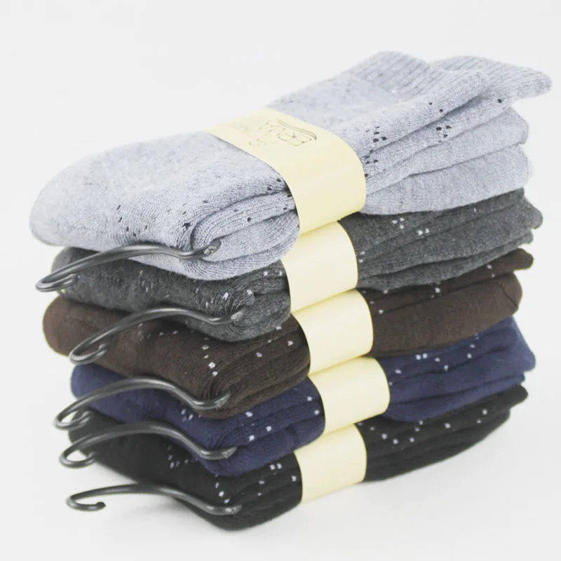 

5 Pairs Men's Socks Business Casual Warm Middle Tube Plus Wool Towel Solid Color Diamond Check Dotted Line Winter Socks Casual