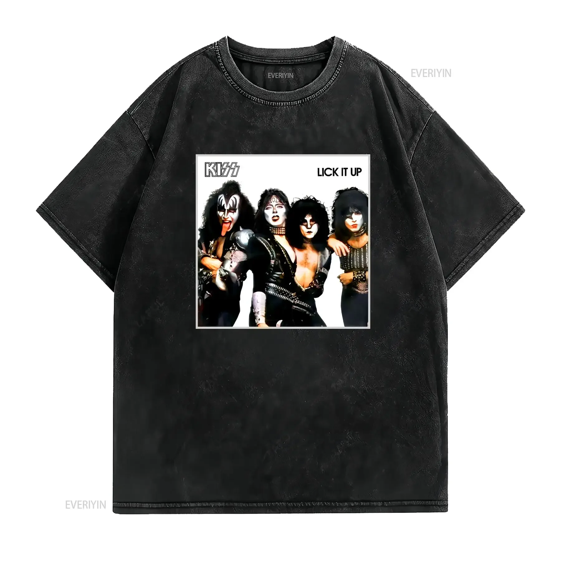 KISS Lick it Up in make and costumes Heavy Cotton T Shirt vintage Washed designer clothes Soft Versatile fashion vintage Unisex