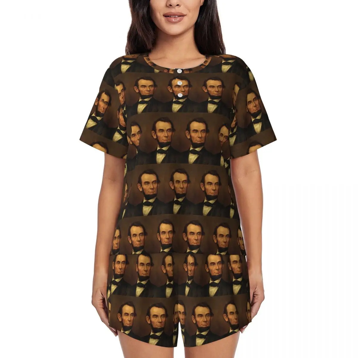 

Abraham Lincoln Bust Portrait Round Neck Short Sleeve Nightgowns for Sleeping Sleepshirts Women Soft Pajama Set Short Pants