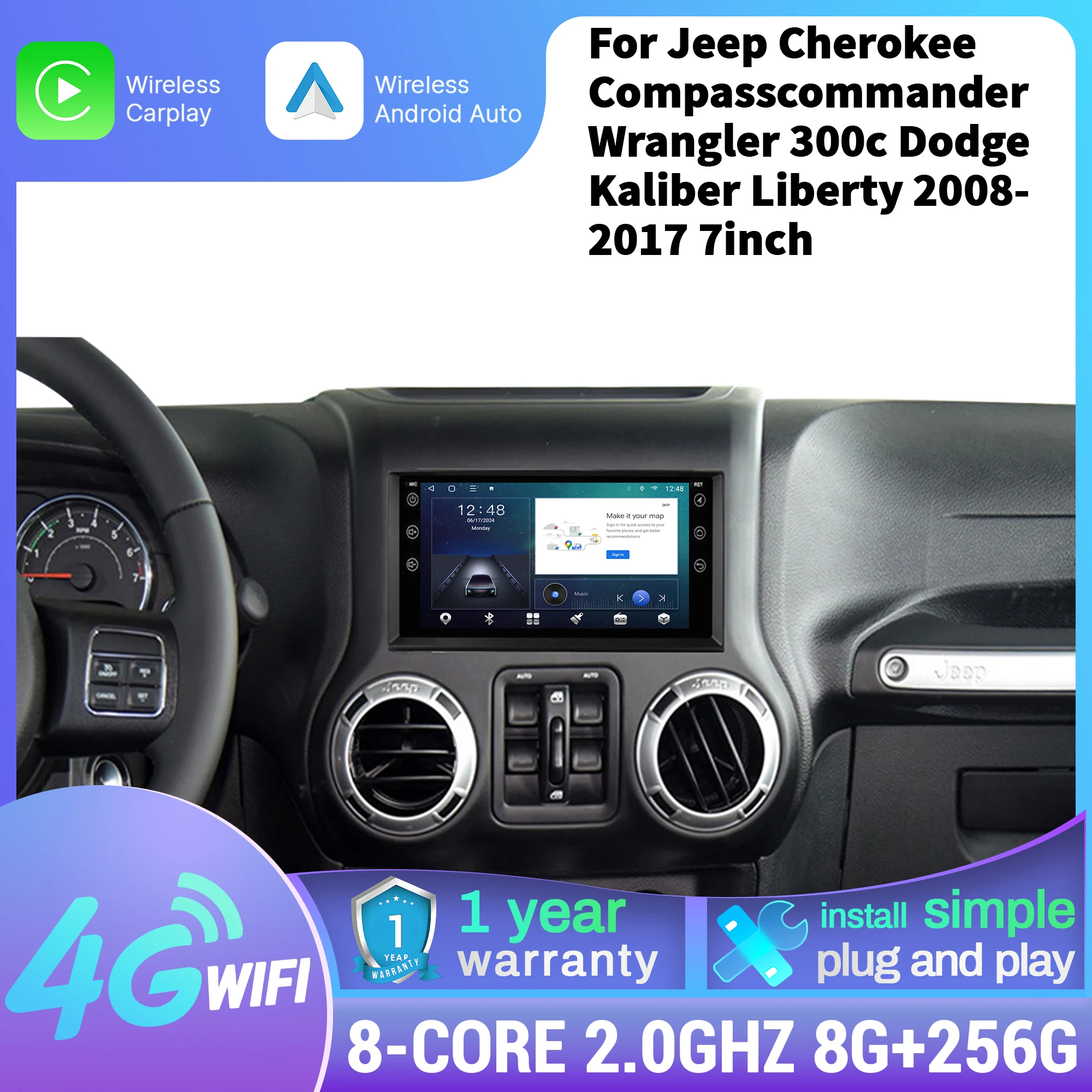 

7 inch Car Radio For Jeep Cherokee Compasscommander Wrangler 300c Dodge Kaliber Liberty 2008-2017 Carplay Multimedia Screen