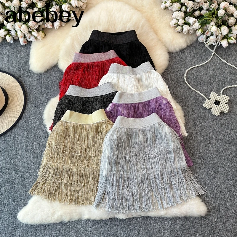 

2026 Новые юбки с бахромой, женская мода, весна-осень, новая однотонная повседневная универсальная короткая мини-юбка с эластичной резинкой на талии