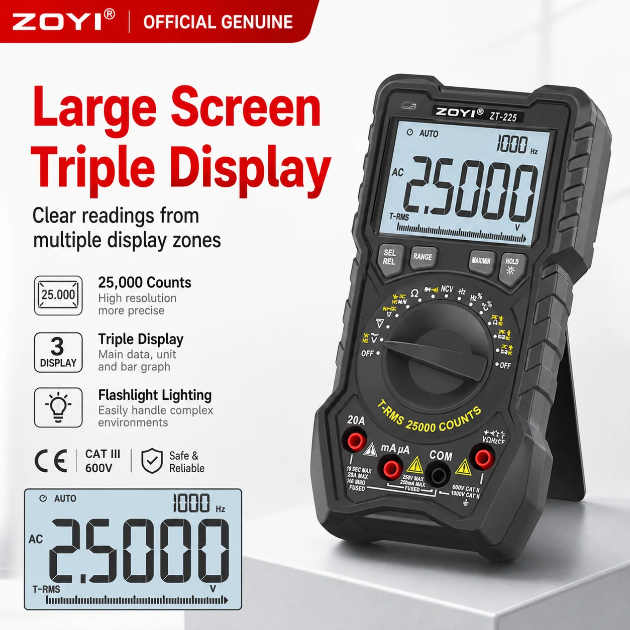 ZOYI ZT-225 4.5 Digit High Precision Auto Range Smart Multimeter Anti-Burn Protection for Electrical Maintenance Repair